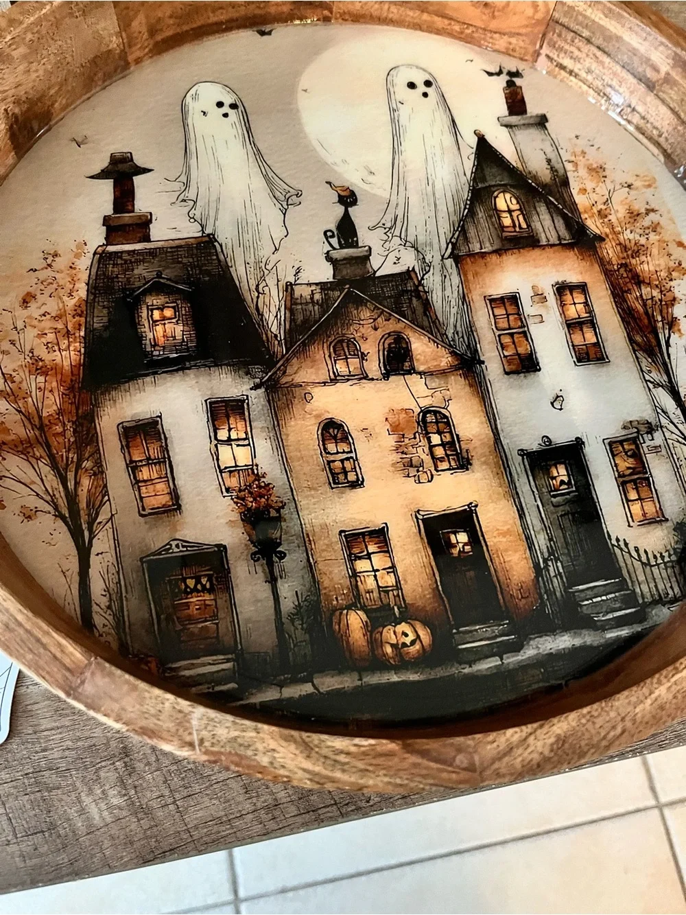 Viral Halloween Whimsical Ghost Wooden Tray Haunted House